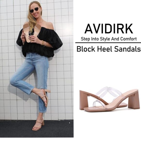 Avidirk Square Open Toe Backless Block Heeled Sandal- Double Clear Strap Slip On - Picture 13 of 14
